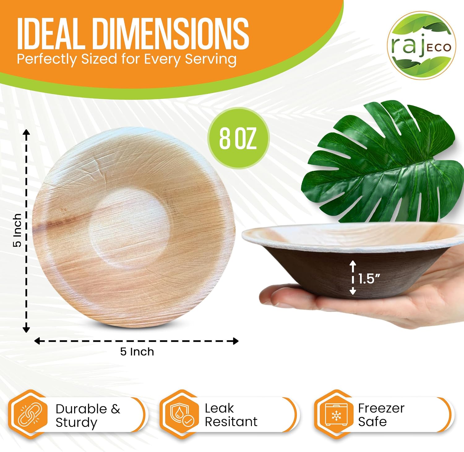 Raj Palm Leaf Bulk Bowls [50-Pack] 5' Round Bowls (6 CASES - 300 PACK) like Bamboo bowls Disposable, Strong, Decorative Compostable Tableware for weddings, Camping, Outdoor
