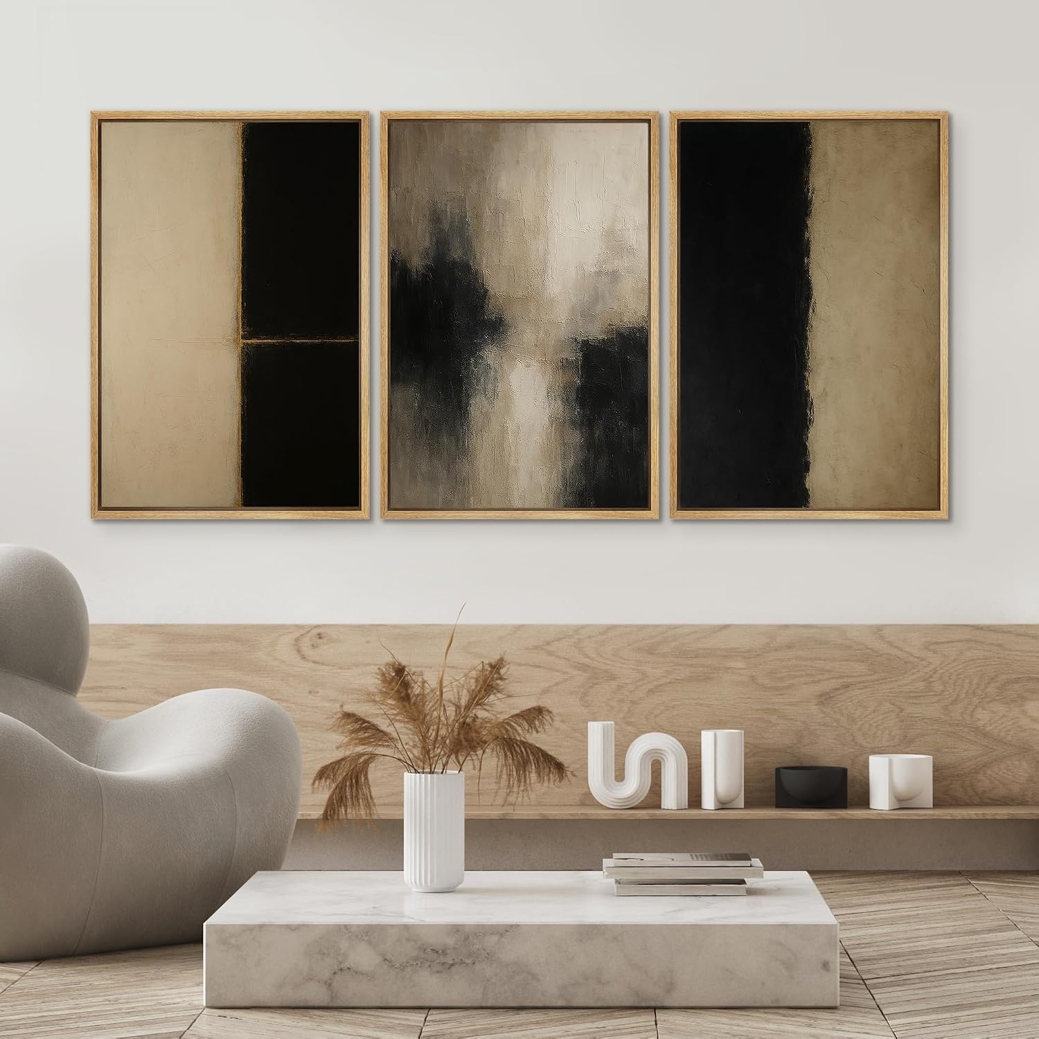 SIGNWIN Framed Canvas Print Wall Art Set Minimalist Neutral Abstract Beige and Black Illustrations Modern Art Contemporary Minimal Ultra for Living Room, Bedroom, Office - 16'x24'x3 Natural