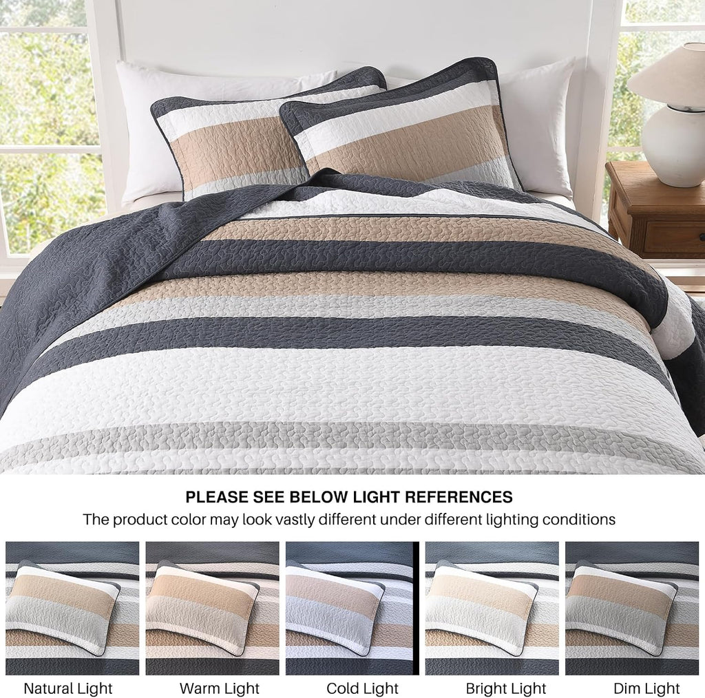 DDUOXIN Oversized Queen Bedspread 102' W x120 L - 100% Cotton Quilt with 2 Pillow Shams, Simple Striped Design Lightweight Durable Bedding, Perfect for Modern Bedrooms, Brown/Blue/Gray/White