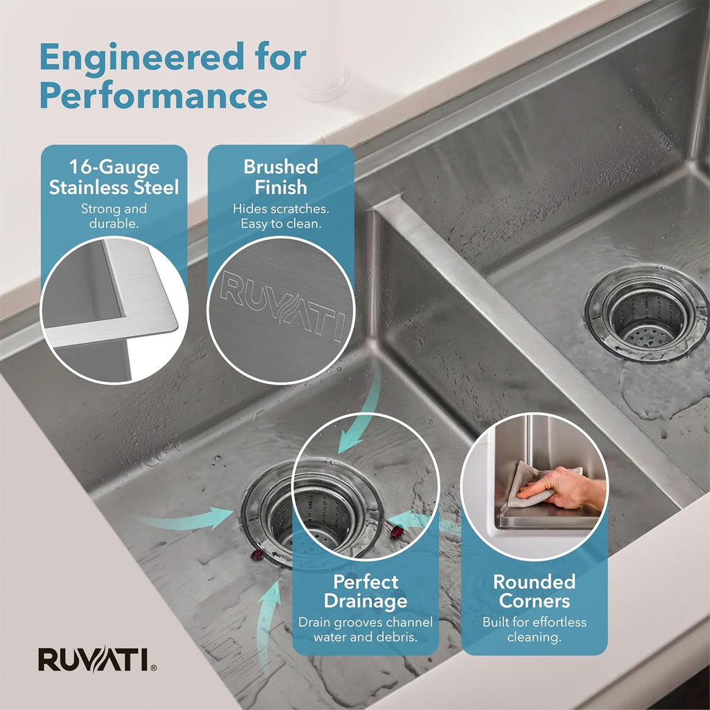 Ruvati 33-inch Workstation Rounded Corners 50/50 Double Bowl Undermount Kitchen Sink - RVH8351