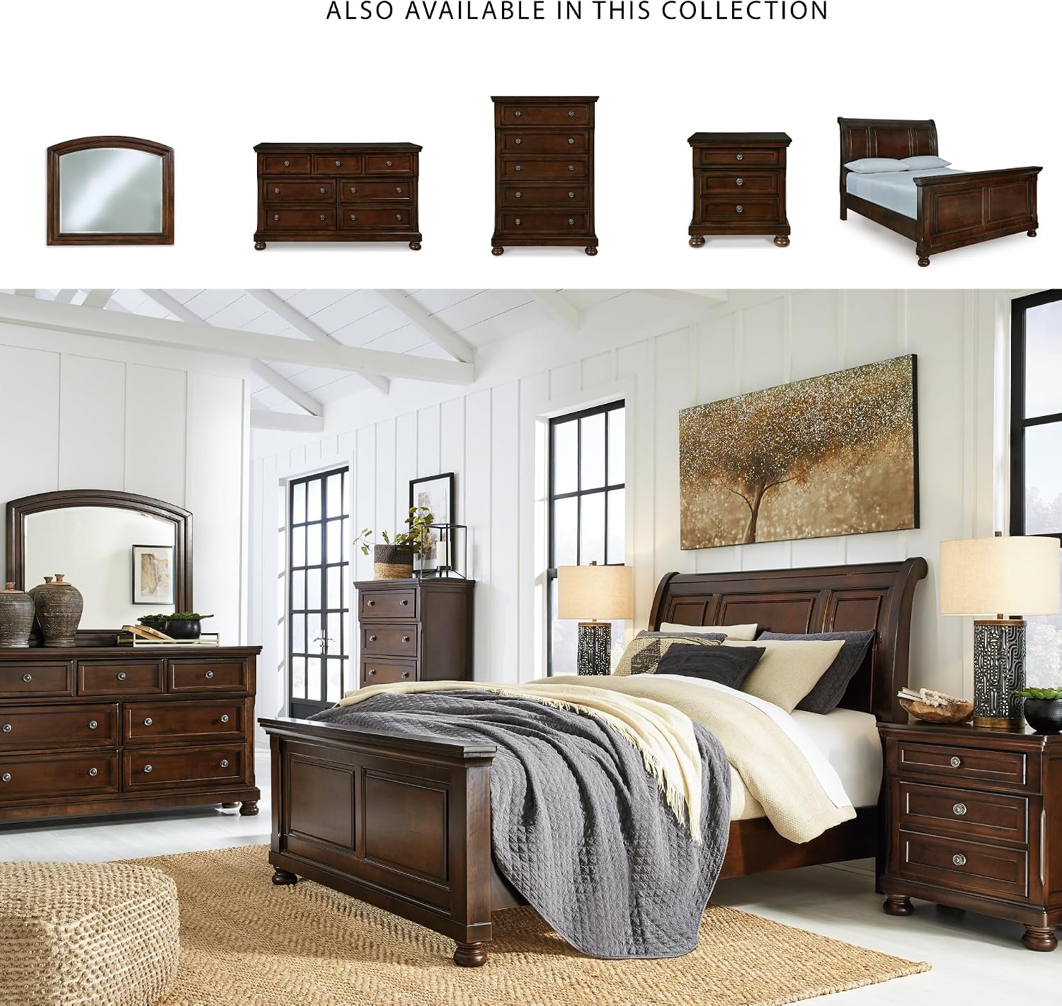 Signature Design by Ashley Porter Traditional Queen Sleigh Bed with Bun Feet, Foundation or Box Spring Needed, Dark Brown