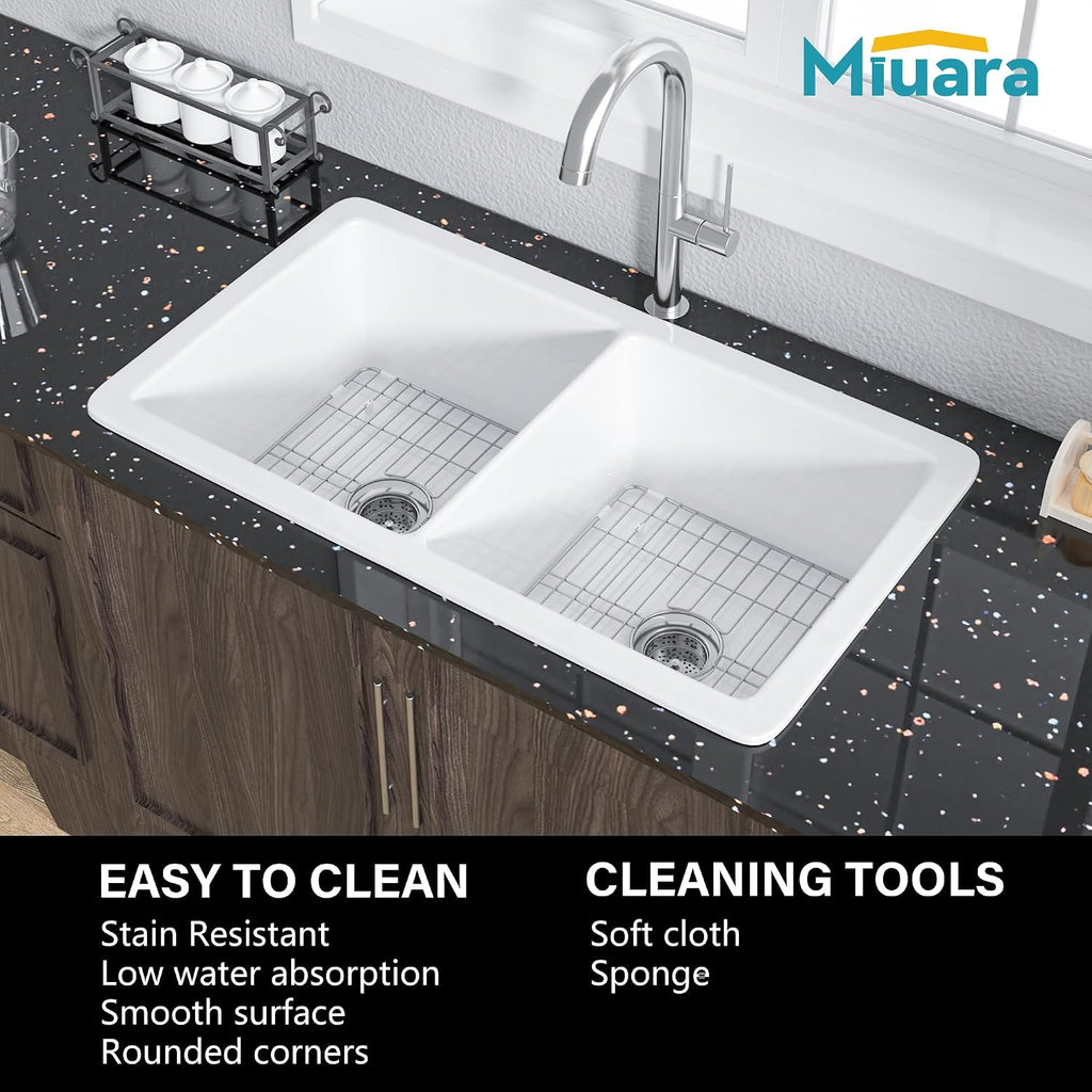 Miuara White Undermount Kitchen Sink 32 Inch Double Bowl 50/50 - Topmount Fireclay Drop In Sink 32'x19'x10', Dual Mount, Heavy Duty Dual Basin, with 4 Custom Accessories, Glossy White, for Kitchen