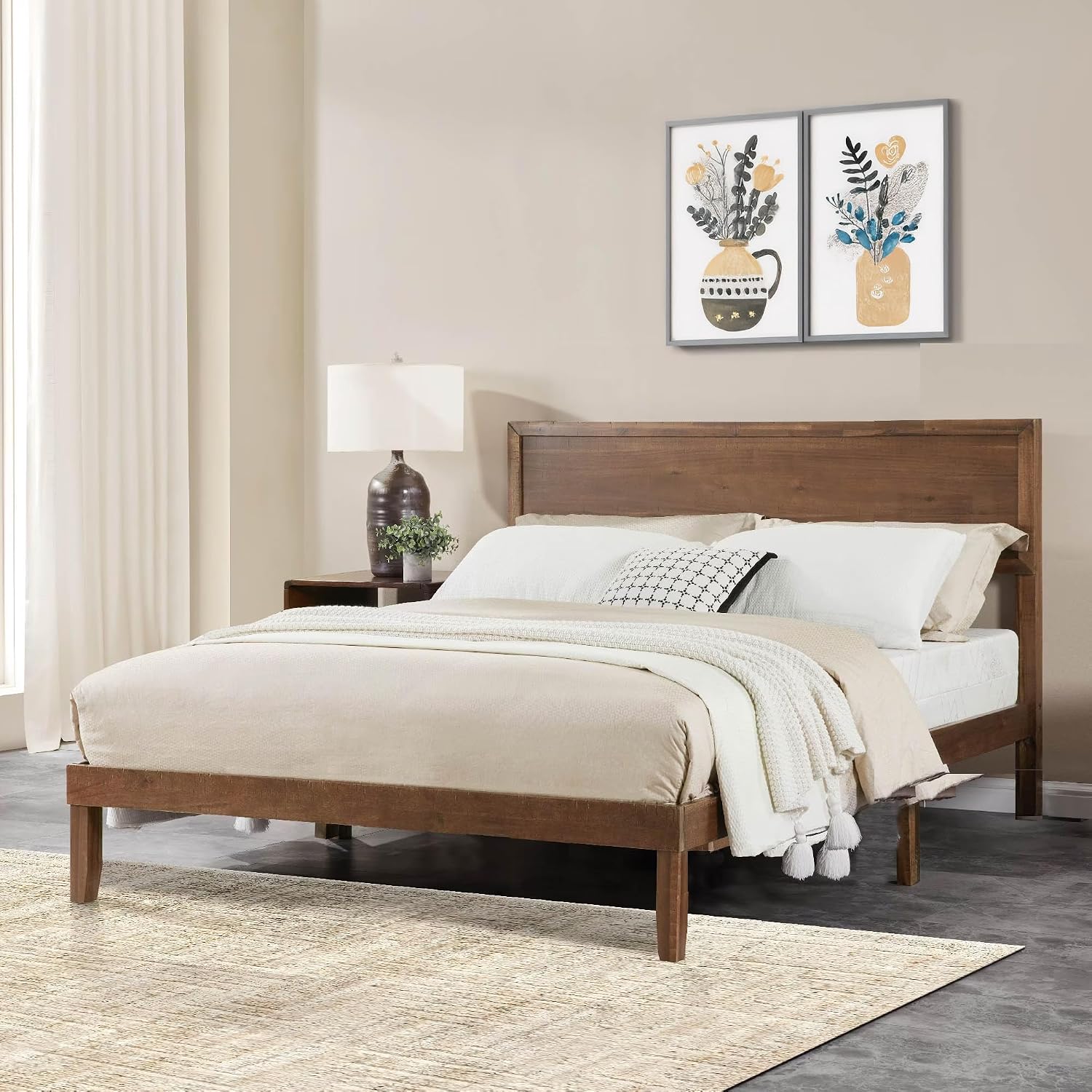 Full Size Solid Wood Platform Bed Frame - Premium Rubber Wood Reinforced Thickened Support, Load-Bearing, Modern Headboard Design, Tool-Free Assembly Bedroom Furniture Set,Brown (Full)