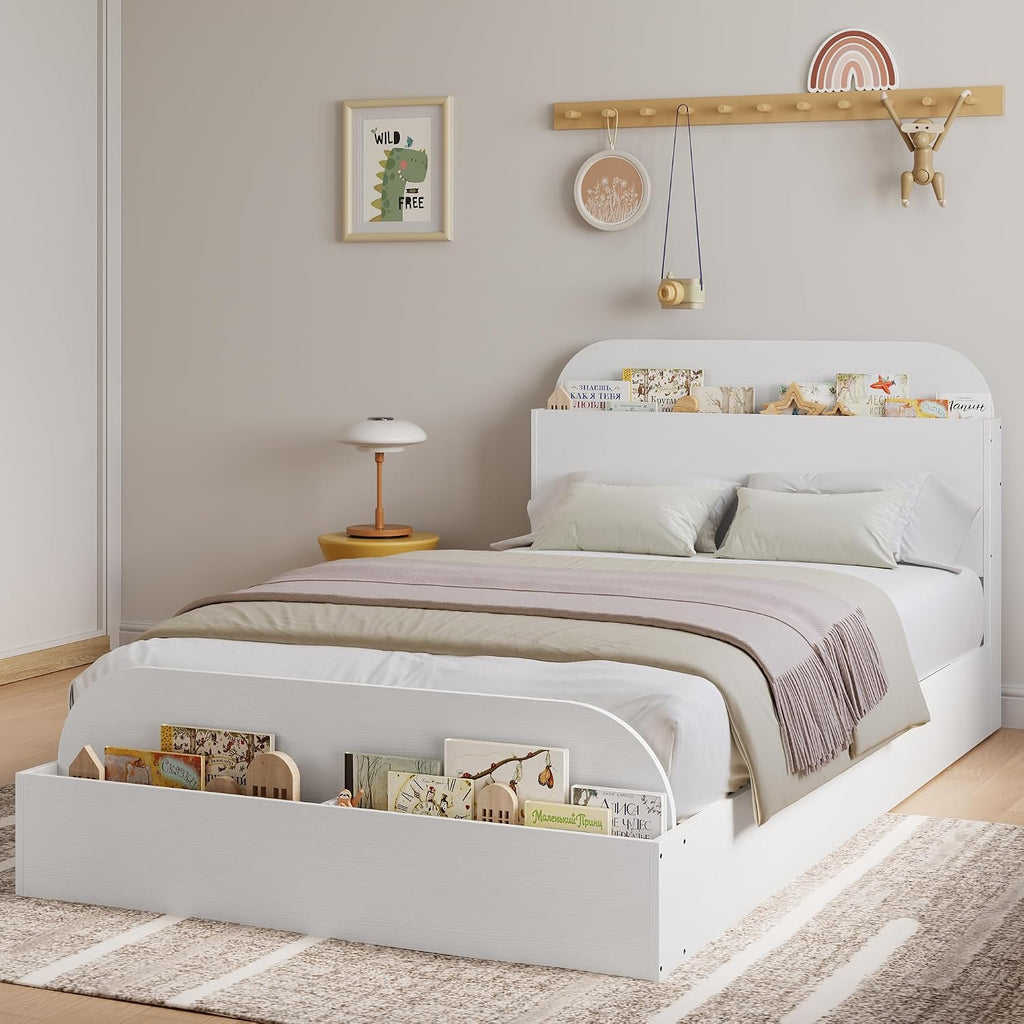 GarveeHome Twin XL Size Bed Frame, Wooden Beds with Storage Headboard and Raised-Foodboard, Twin XL-Floor Low Platform Bed for Bedroom, Sturdy Wooden Slats Support, No Box Spring Needed, White