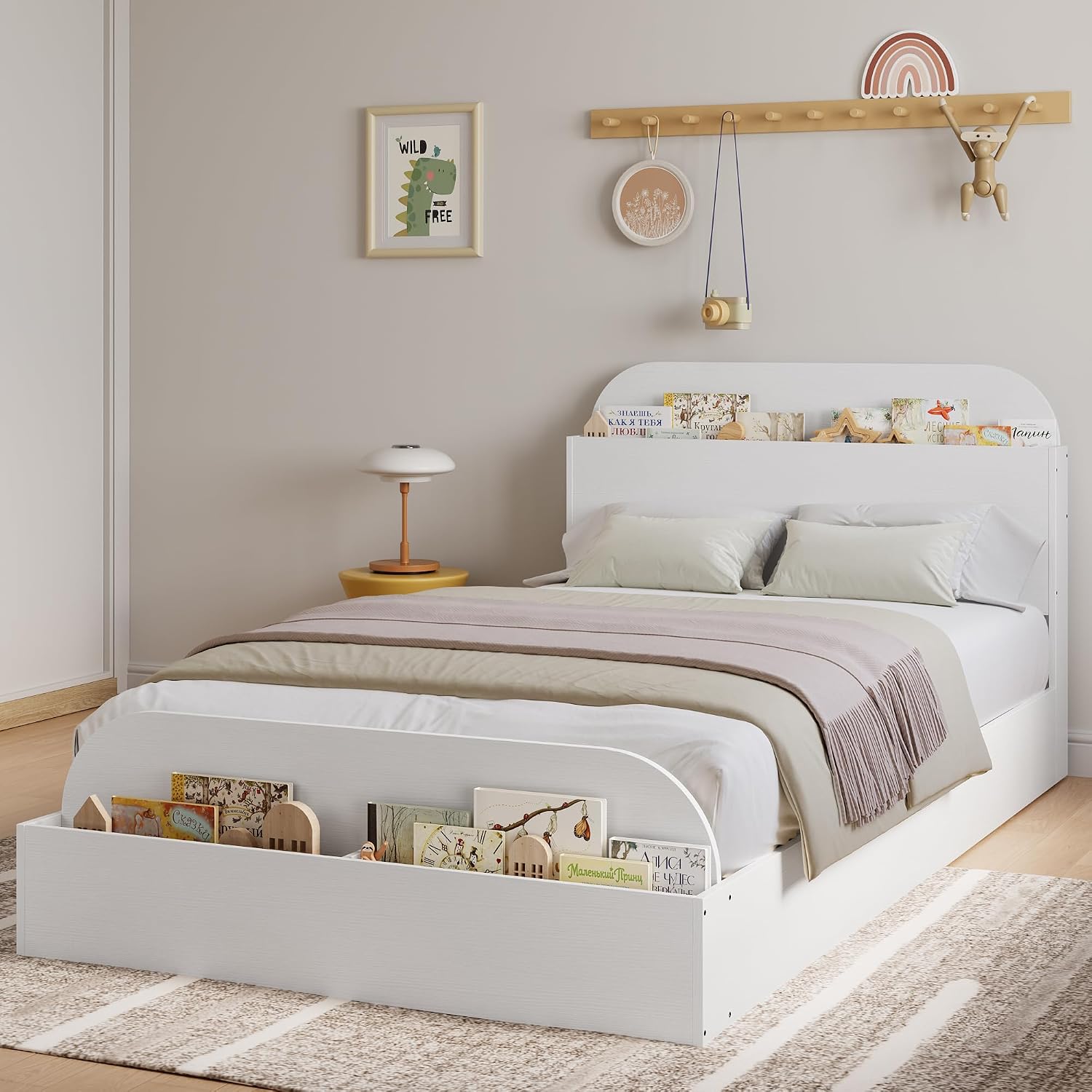 GarveeHome Twin XL Size Bed Frame, Wooden Beds with Storage Headboard and Raised-Foodboard, Twin XL-Floor Low Platform Bed for Bedroom, Sturdy Wooden Slats Support, No Box Spring Needed, White