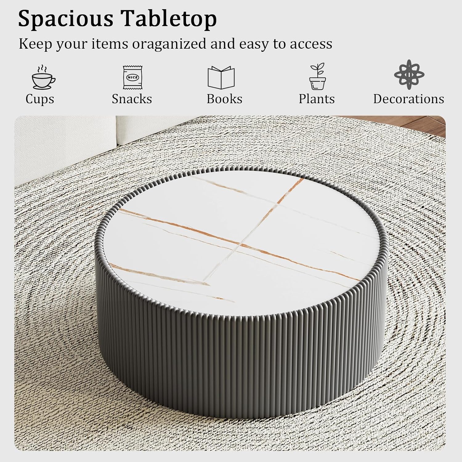 Round Living Room Table Set, 29.52' Grey Drum Center Table and 17.71' Grey Coffee Table Set, 2 Pieces Coffee Table Set with Sintered Stone Tabletop,Fluted PU Leather Covered and StableBase