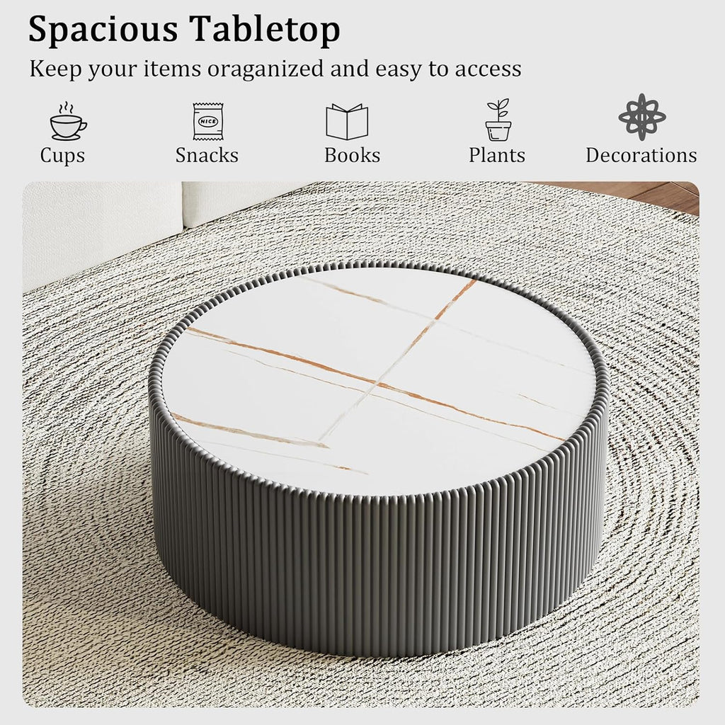 29.52' Grey Round Coffee Table, Drum Coffee Table with Sintered Stone Tabletop and Fluted PU Leather Covered and Stable Base, Circle Cocktail Tea Table for Living Room