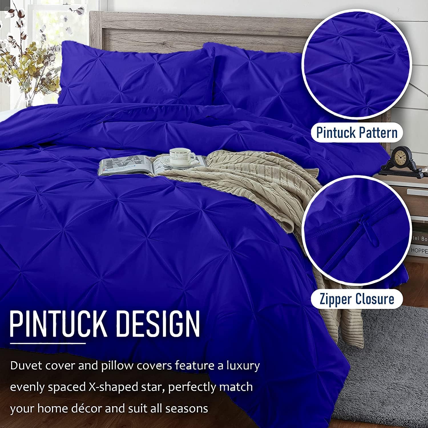 Crown Collection Sale 1000-TC Hypoallergenic Ultra Soft Design 100% Egyptian Cotton Pinch Plated Duvet Cover with Zipper Colser & 2pcs Pillow Case Set (Alaskan 120'x136'), Royal Blue