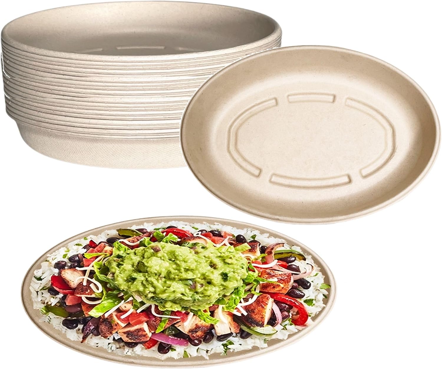 32oz Oval Disposable Compostable Paper Burrito Bowls Heavy-Duty, Eco-Friendly Oval Bowls Natural Bagasse Unbleached, Heat Resistant, 100% Biodegradable Salad Bowls Alternative to Plastic (500)