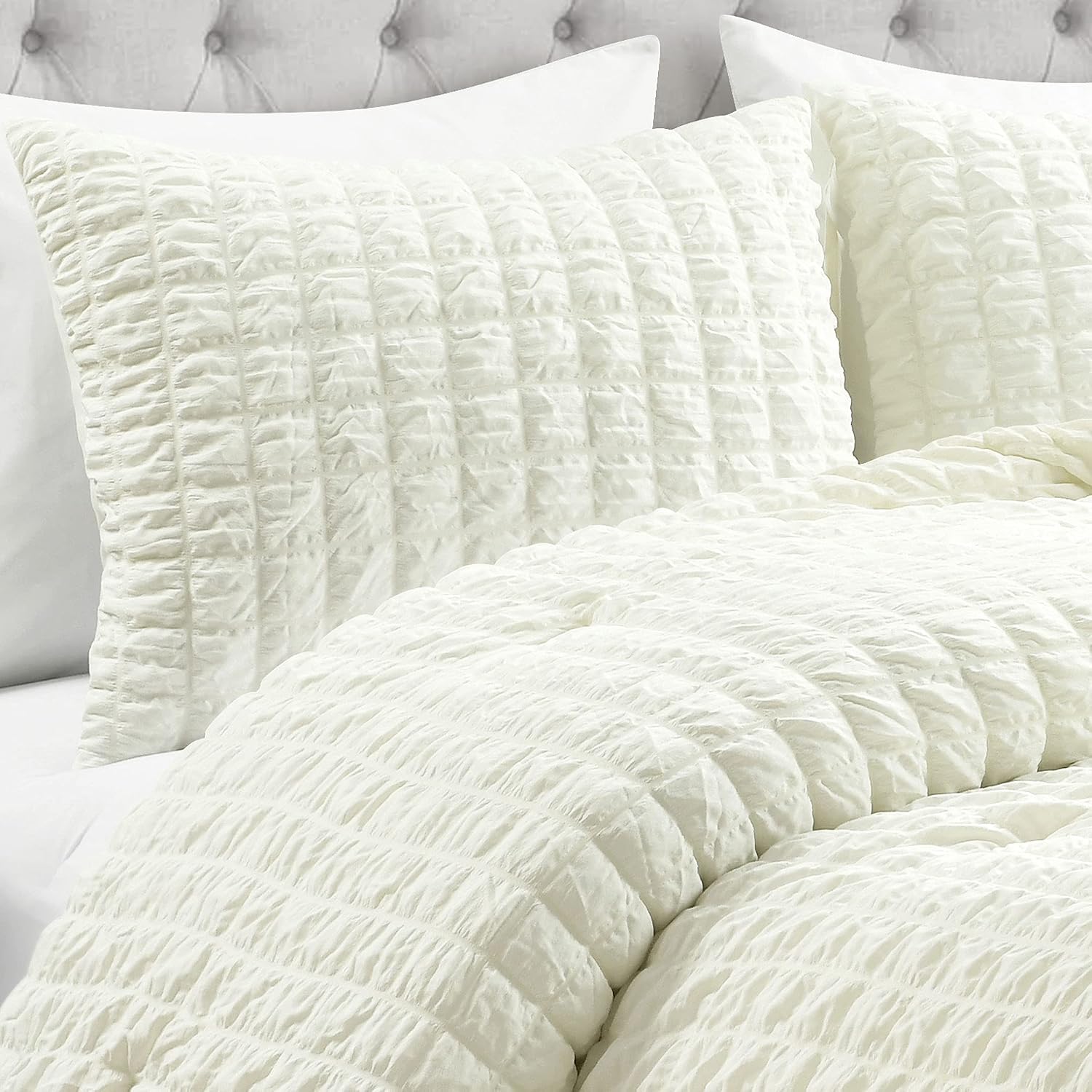 Lush Decor Crinkle Textured Dobby 3 Piece Comforter Set, King, Ivory