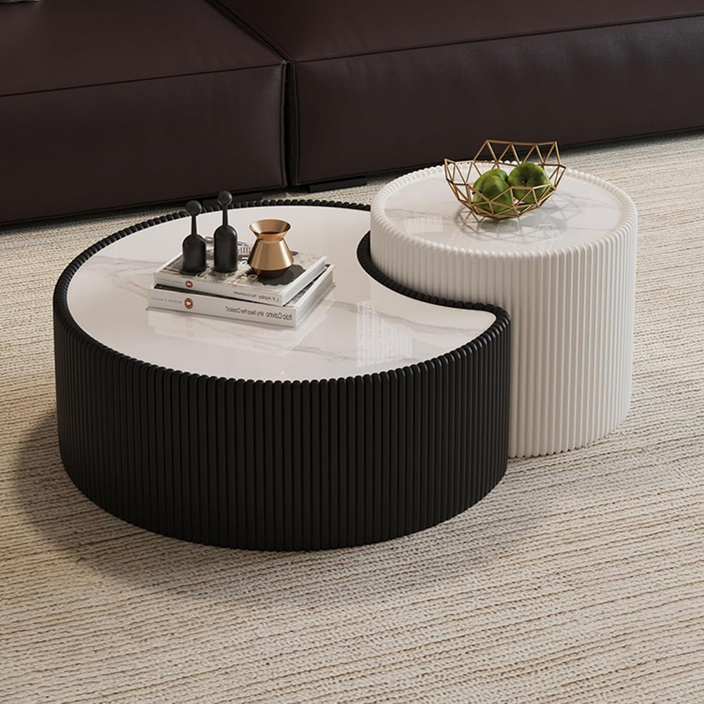 29.53' Black Round Coffee Table, Drum Coffee Table with Sintered Stone Tabletop and Fluted PU Leather Covered and Stable Base, Circle Cocktail Tea Table for Living Room