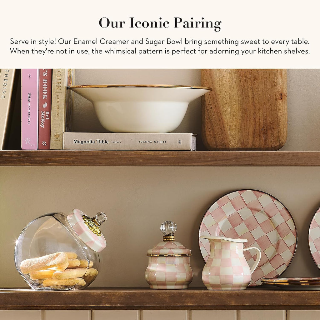 MACKENZIE-CHILDS Enamel Creamer and Sugar-Bowl Set, Cream Dispenser and Sugar Holder, Unique Kitchen Decor, Pink-and-White Rosy Check