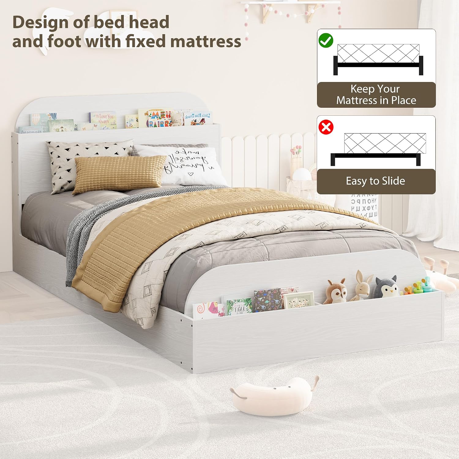 GarveeHome Twin Size Bed Frame, Wooden Beds with Storage Headboard and Raised-Foodboard for Kid, Twin-Floor Low Platform Bed for Bedroom, Sturdy Wooden Slats Support, No Box Spring Needed, White