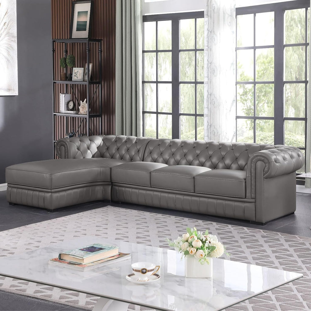 Genuine Leather Sectional Couch, L Shape Top Grain Leather Sofa with 5 Seaters for Living Room Furniture Set, Chesterfield Couches with Button Tufted Design for House/Lounge,Gray