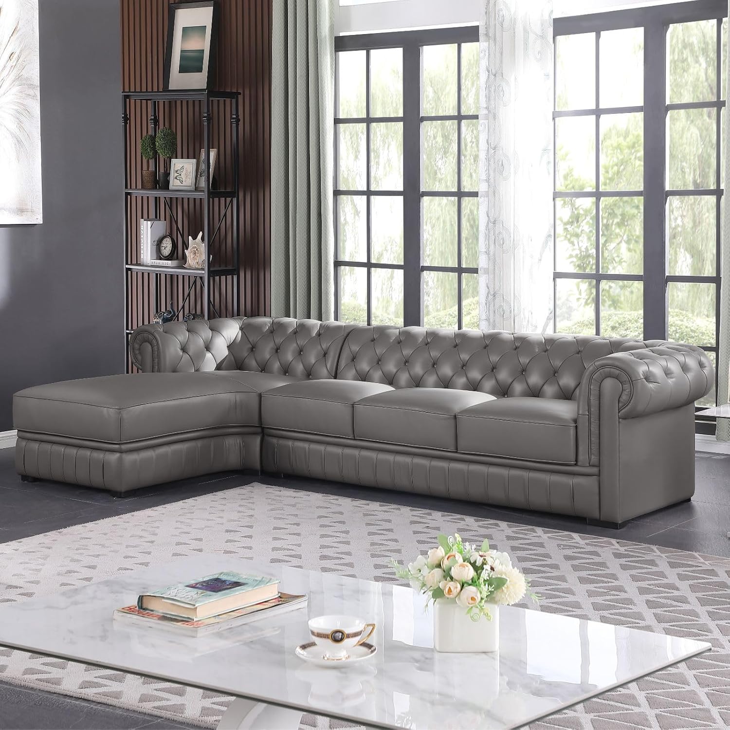 Genuine Leather Sectional Couch, L Shape Top Grain Leather Sofa with 5 Seaters for Living Room Furniture Set, Chesterfield Couches with Button Tufted Design for House/Lounge,Gray