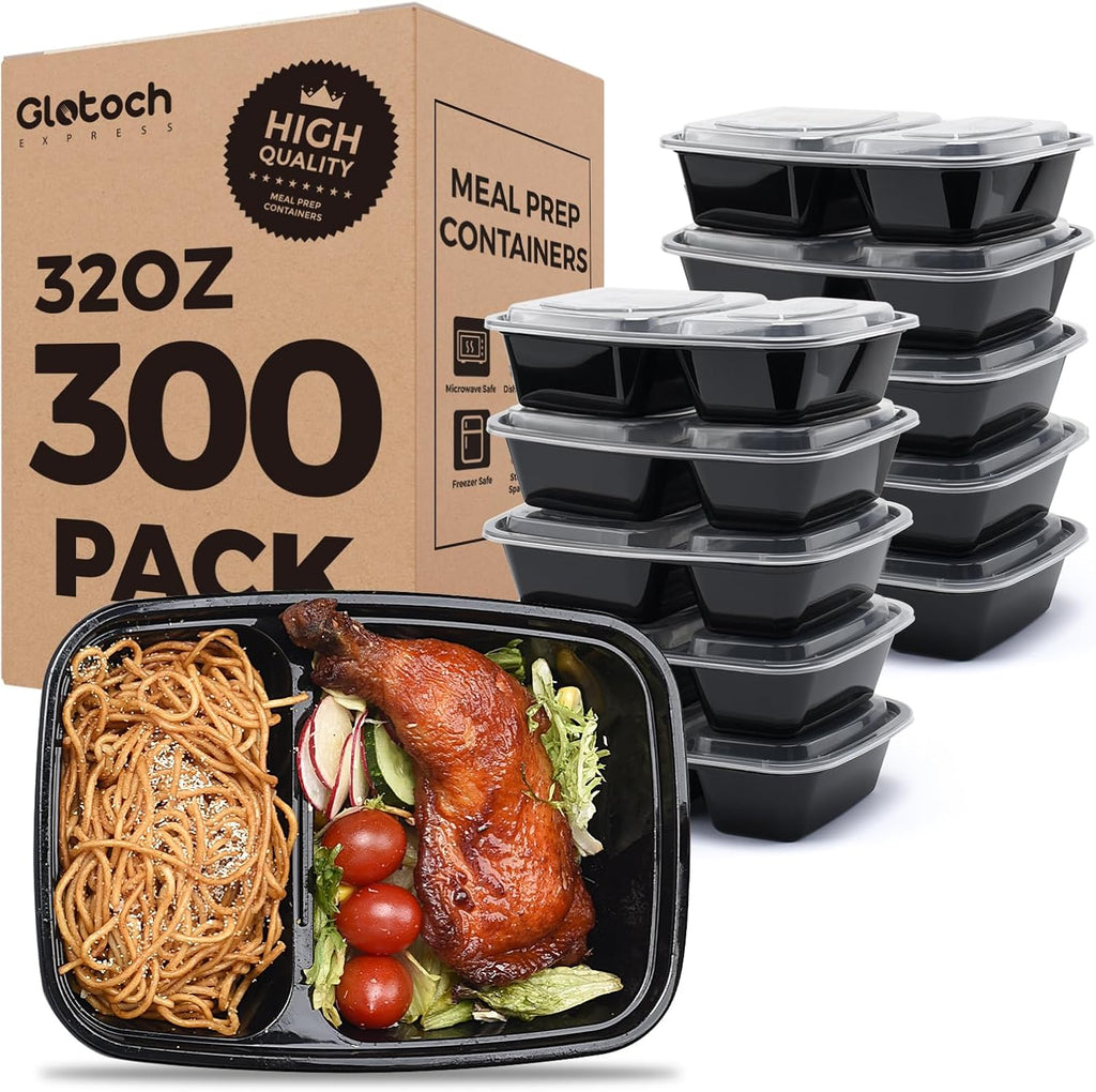 Glotoch Express 300 Pack 32oz Black 2 Compartment Square Meal Prep Containers, Food Storage Containers with Lids for Microwave Dishwasher Freezer Safe