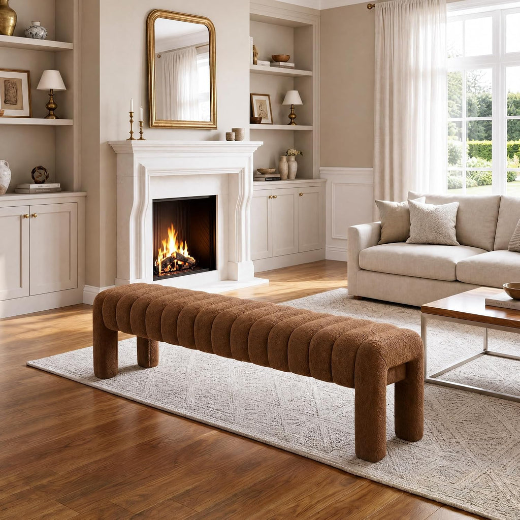 63'' Bedroom Bench, Upholstered End of Bed Bench with Solid Wood Legs, Modern Cushioned Dining Bench with Full Covered Fabrics for Entryway, Bedroom, Living Room (Rust Brown, Boucle)