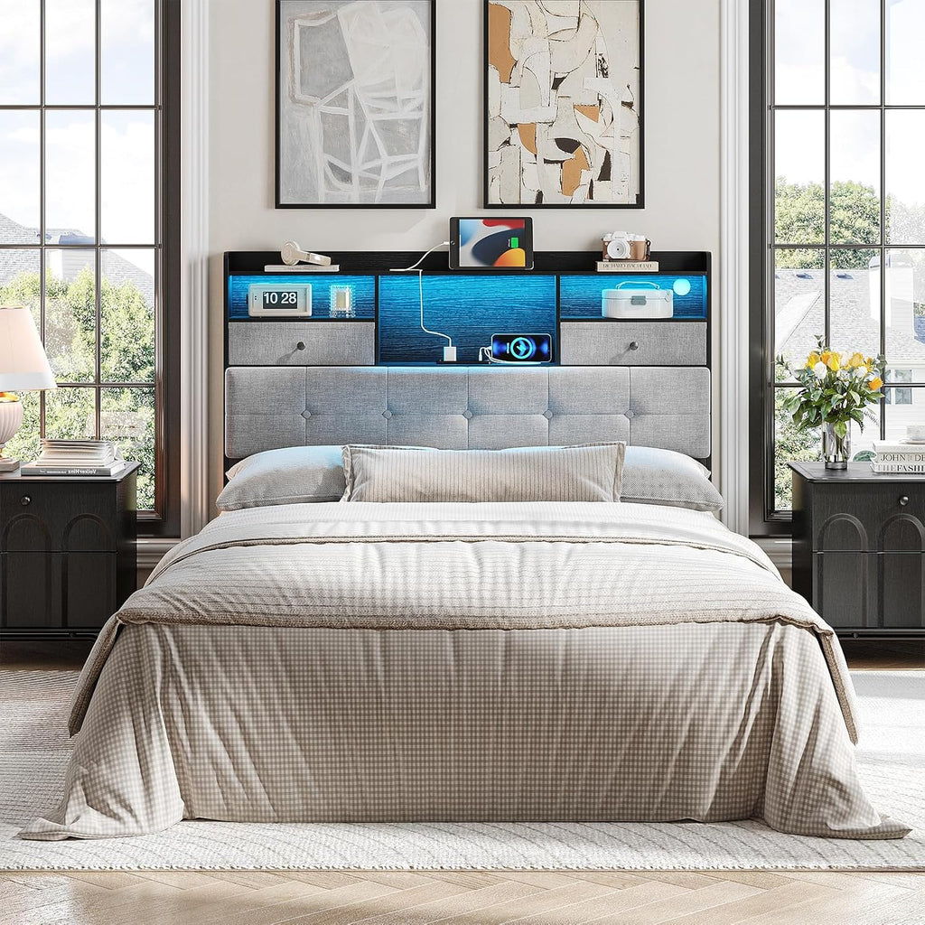 Maupvit Headboard Queen Size with Storage, Queen Headboard Only with 2 Drawers, Charging Station and LED Lights, Upholstered Headboards Easy Assembly, Black&Grey