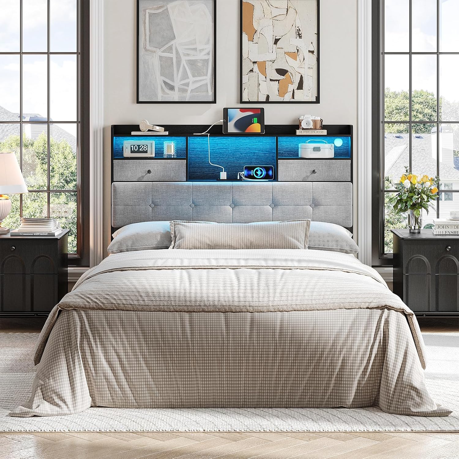 Maupvit Headboard Queen Size with Storage, Queen Headboard Only with 2 Drawers, Charging Station and LED Lights, Upholstered Headboards Easy Assembly, Black&Grey