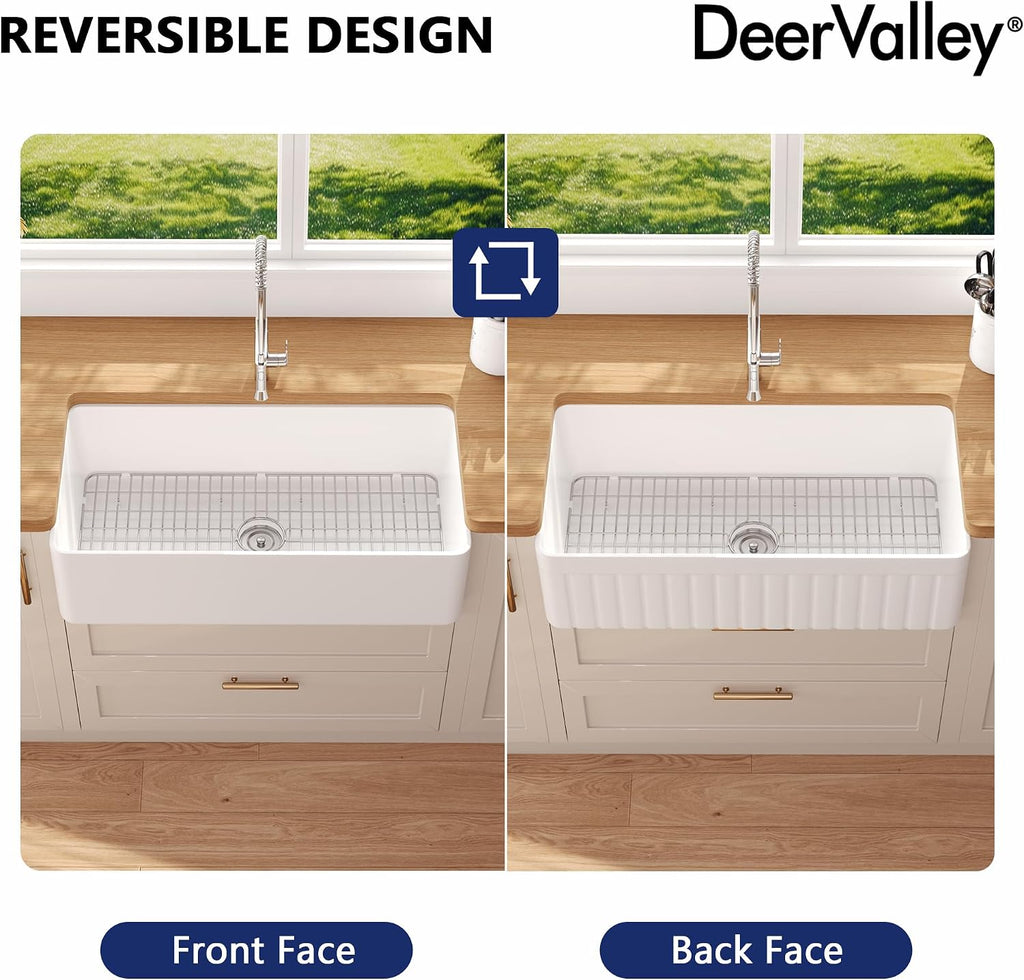 DeerValley Solstice Fireclay Farmhouse Sinks, 35.6'L x 18'W Farmhouse Kitchen Sink White Large Single Bowl Farm Sink Reversible Apron Front with Sink Grid and Basket Strainer