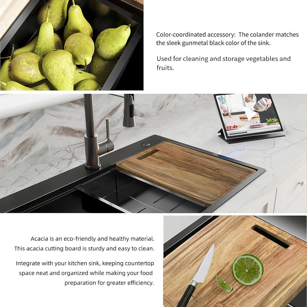 33 inch Gunmetal Black Drop-In Workstation Sink, 18 Gauge Single Bowl Topmount Stainless Steel Kitchen Sink with Spring Neck Faucet and Various Accessories