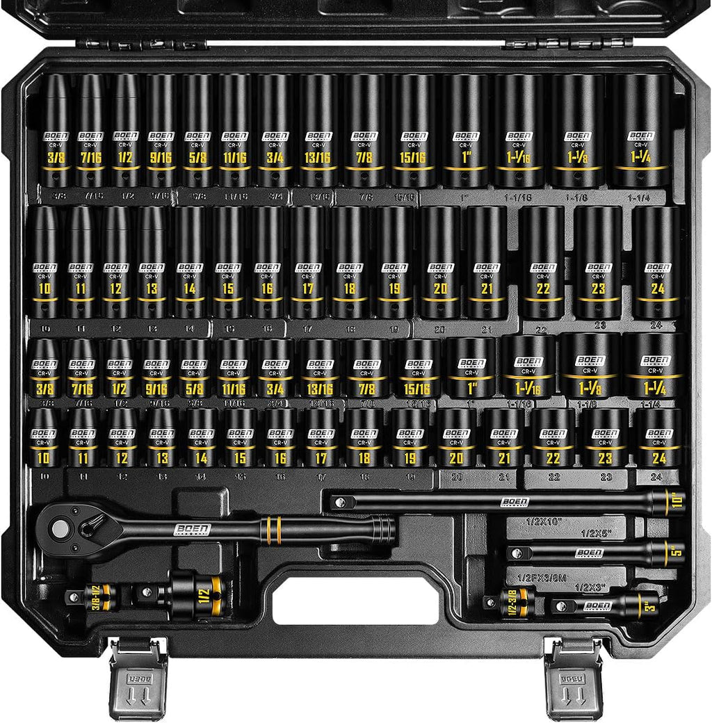 BOEN 1/2' Drive Impact Socket Set, 65-Piece Standard SAE (3/8' to 1-1/4') & Metric (10mm-24mm) Deep & Shallow Socket with Embossed Painted Marking, Includes Adapters, Ratchet Wrench, Extension Bars