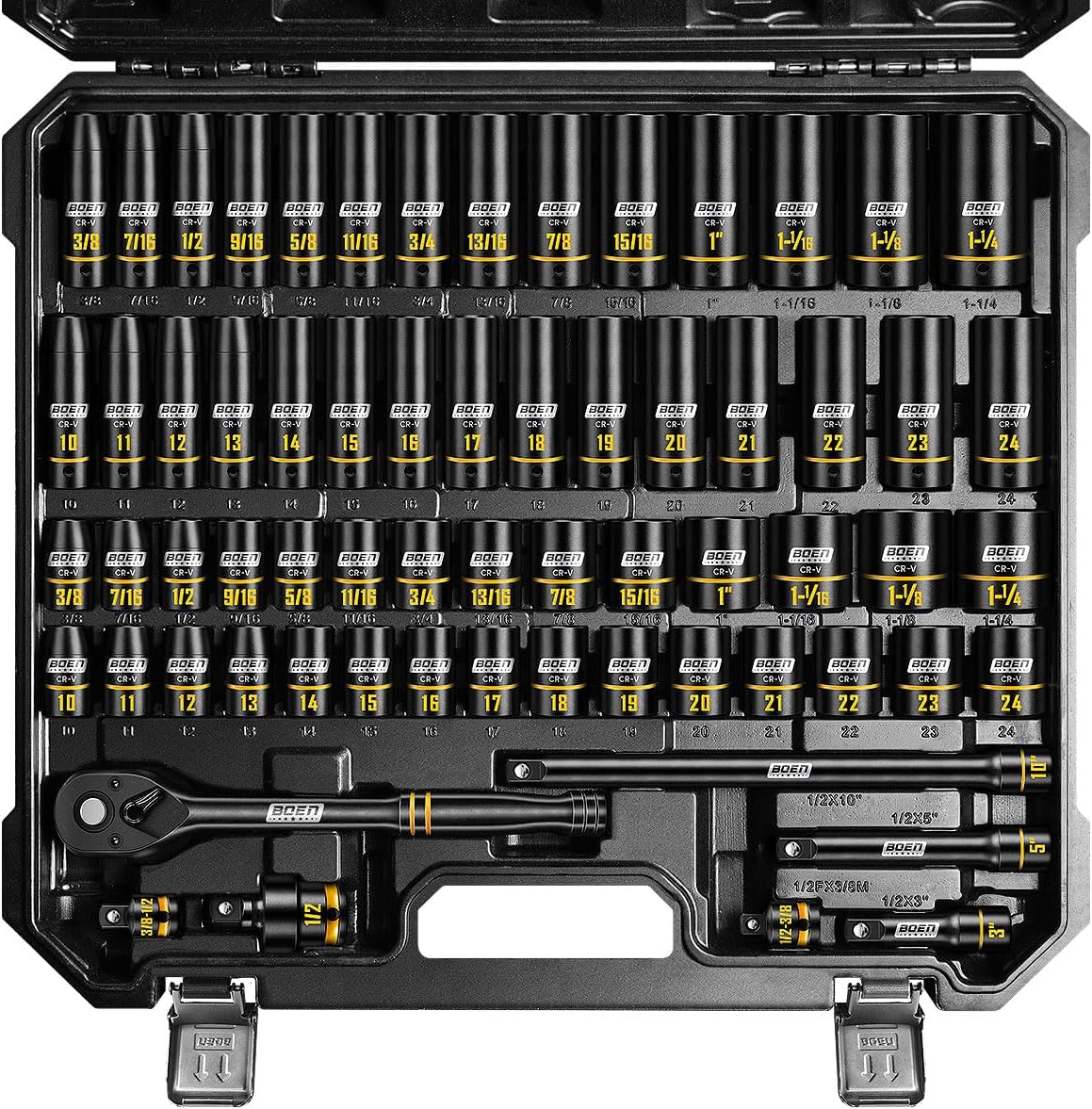 BOEN 1/2' Drive Impact Socket Set, 65-Piece Standard SAE (3/8' to 1-1/4') & Metric (10mm-24mm) Deep & Shallow Socket with Embossed Painted Marking, Includes Adapters, Ratchet Wrench, Extension Bars