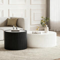 Round Coffee Table Set, 29.52' White Drum Center Table and 17.71' Black Coffee Table Set, 2 Pieces Living Room Table Set with Sintered Stone Tabletop, Fluted PU Leather Covered and Stable Base