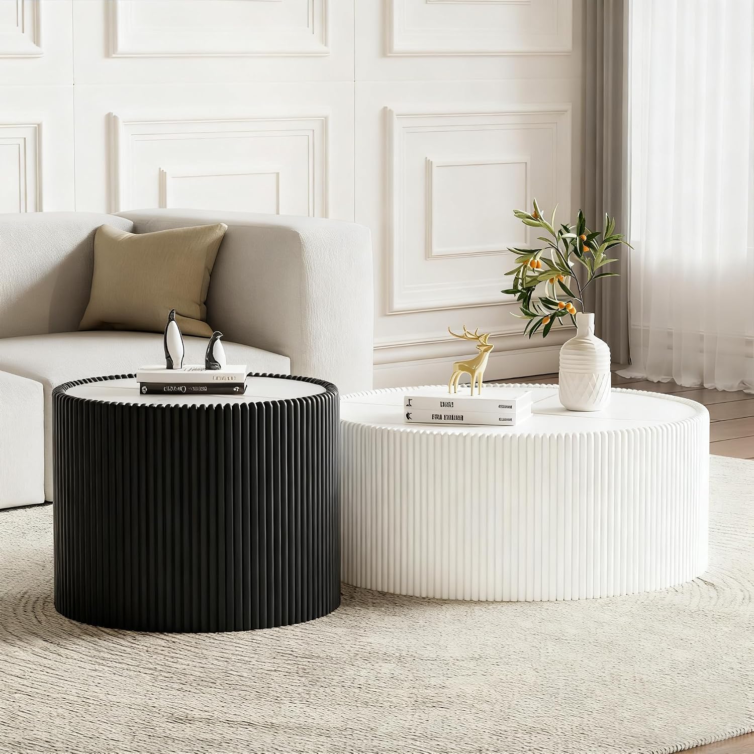 Round Coffee Table Set, 29.52' White Drum Center Table and 17.71' Black Coffee Table Set, 2 Pieces Living Room Table Set with Sintered Stone Tabletop, Fluted PU Leather Covered and Stable Base