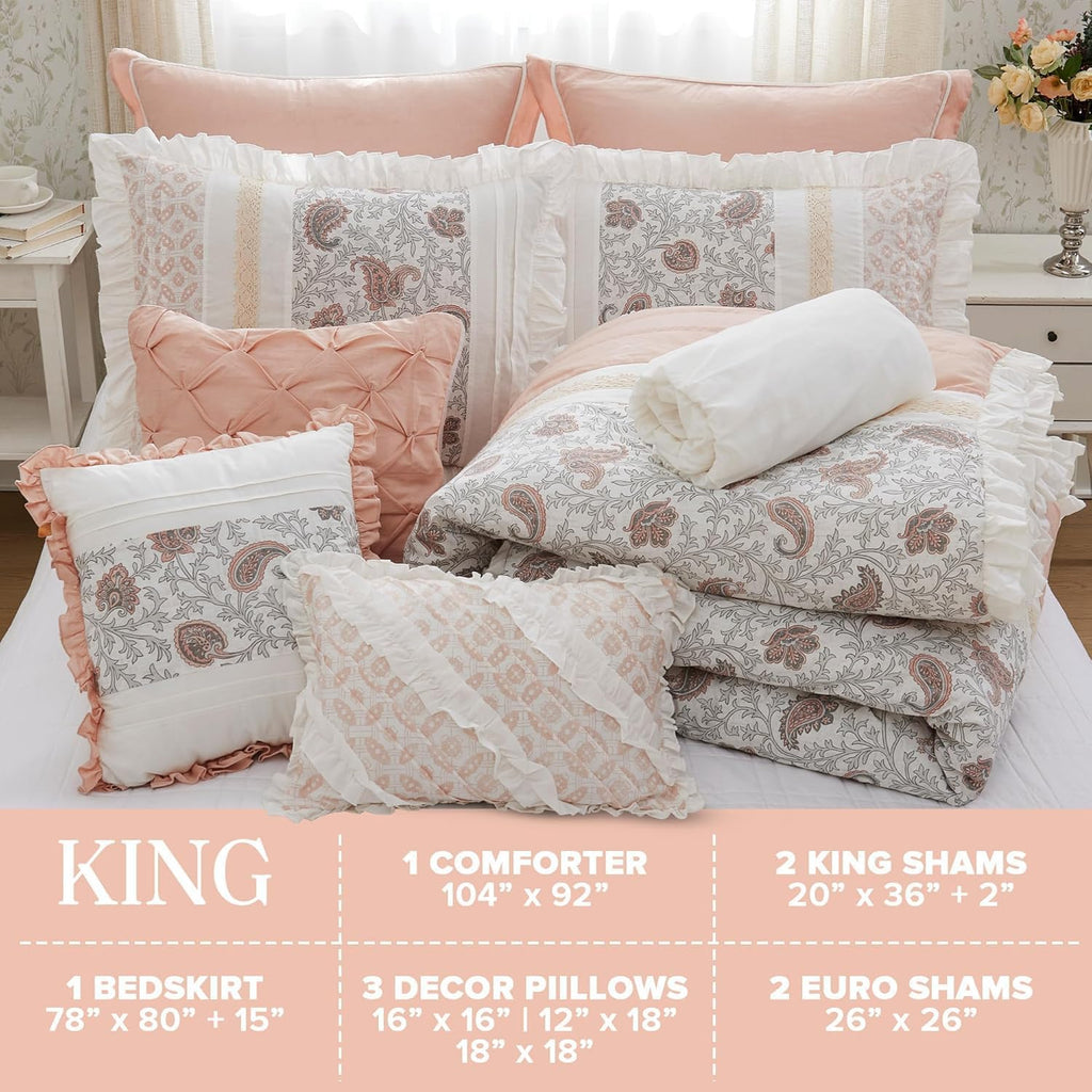 Madison Park Dawn 100% Cotton Shabby Chic Comforter Set-Modern Cottage Design All Season Down Alternative Bedding, Matching Shams, Bedskirt, Decorative Pillows, King(104'x92'), Blush 9 Piece