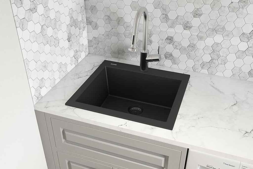 Ruvati 23 x 20 inch epiGranite Drop-in Topmount Granite Composite Quartz Single Bowl Wet Bar Prep Sink - Midnight Black - RVG1023BK