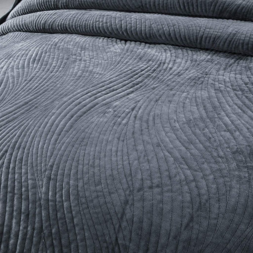 Tache Velvet Dreams Luxurious Velveteen Velour Super Soft Plush Warm Cozy Elegant Ripple Waves Stitch Quilted Coverlet Steel Navy Blue Bedspread Set, Full
