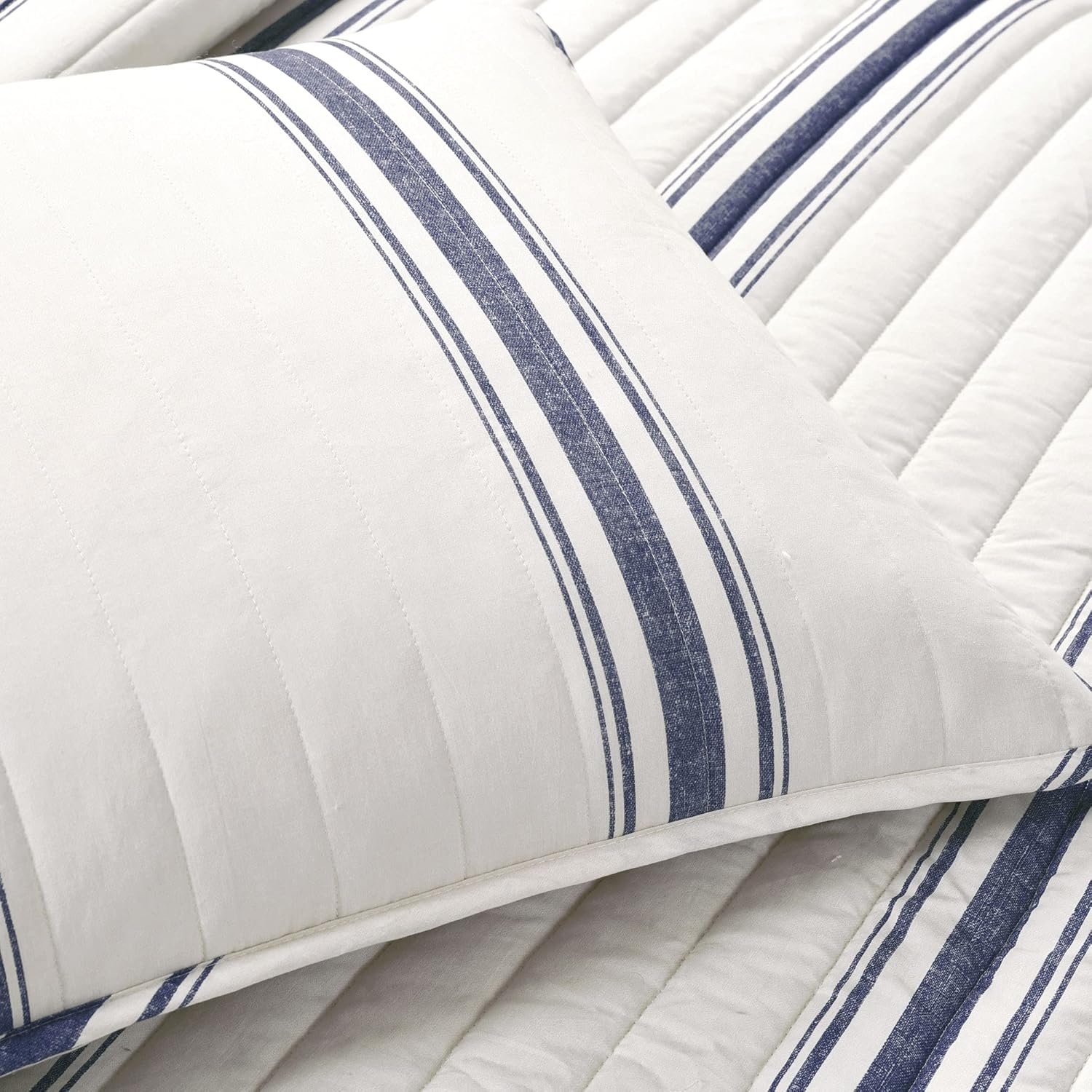 Lush Decor Farmhouse Stripe Reversible Cotton Quilt California King Size 3 Piece Set Navy - Farmhouse Bedding Set - Cal King Quilt - Striped Bedding
