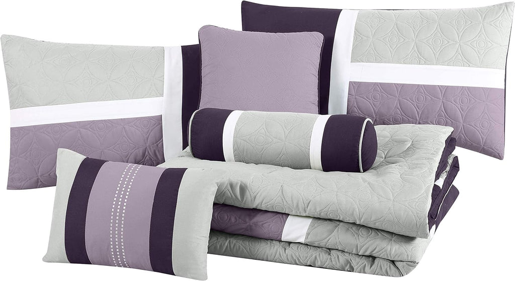 Chezmoi Collection Upland 7-Piece Quilted Patchwork Comforter Set, Lavender/Gray/Purple, Oversized King