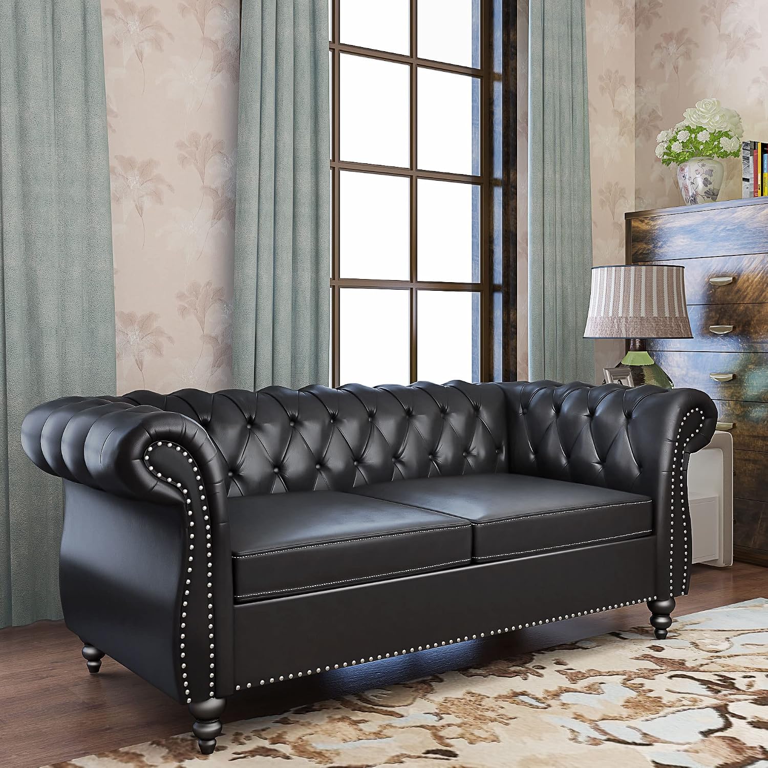 QHITTY Accent Sofa, Chesterfield Loveseat Modern Leather Couch Upholstered Sofa with Tufted Back for Living Room Furniture (Black)