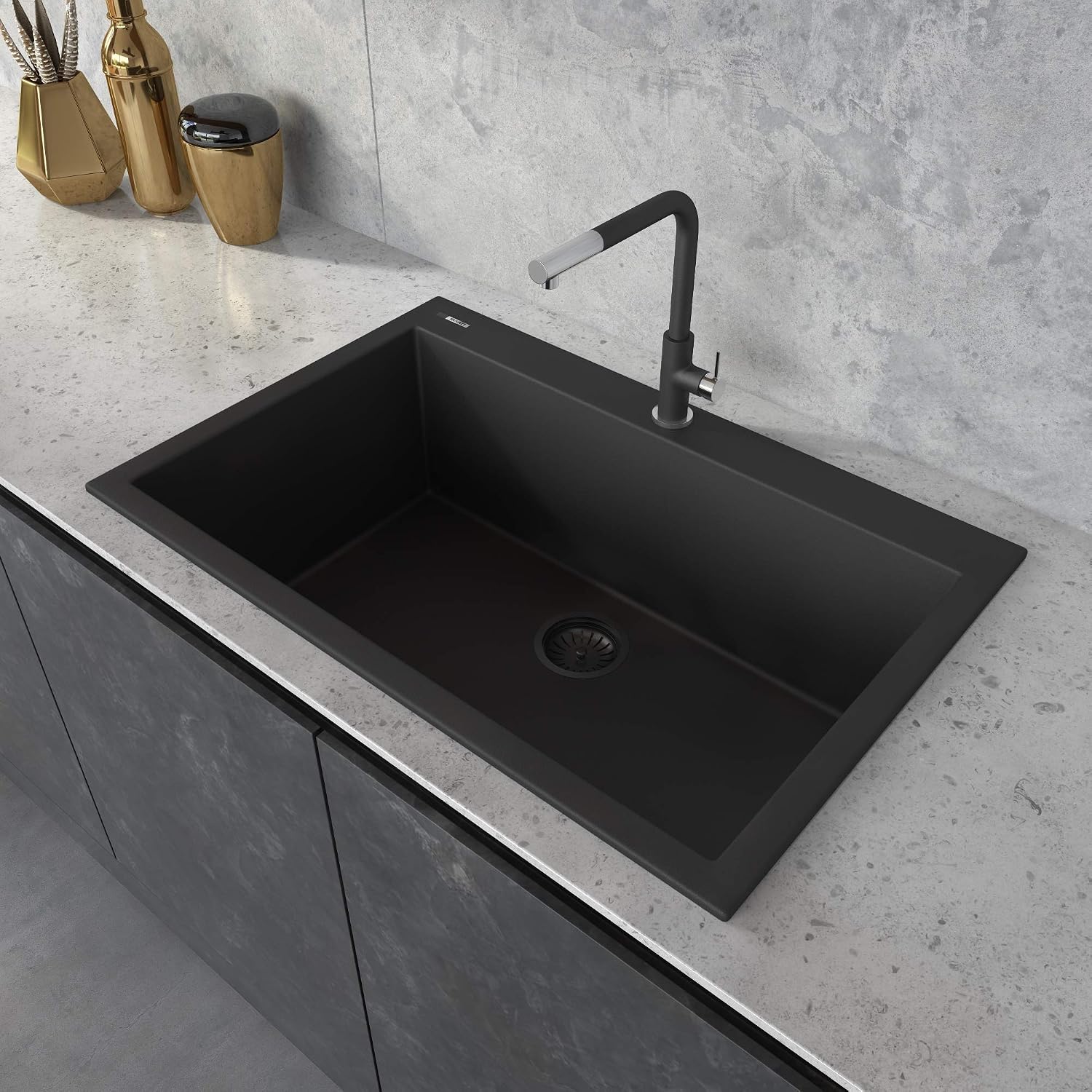 Ruvati 30 x 20 inch epiGranite Drop-in Topmount Granite Composite Quartz Single Bowl Kitchen Sink - Midnight Black - RVG1030BK