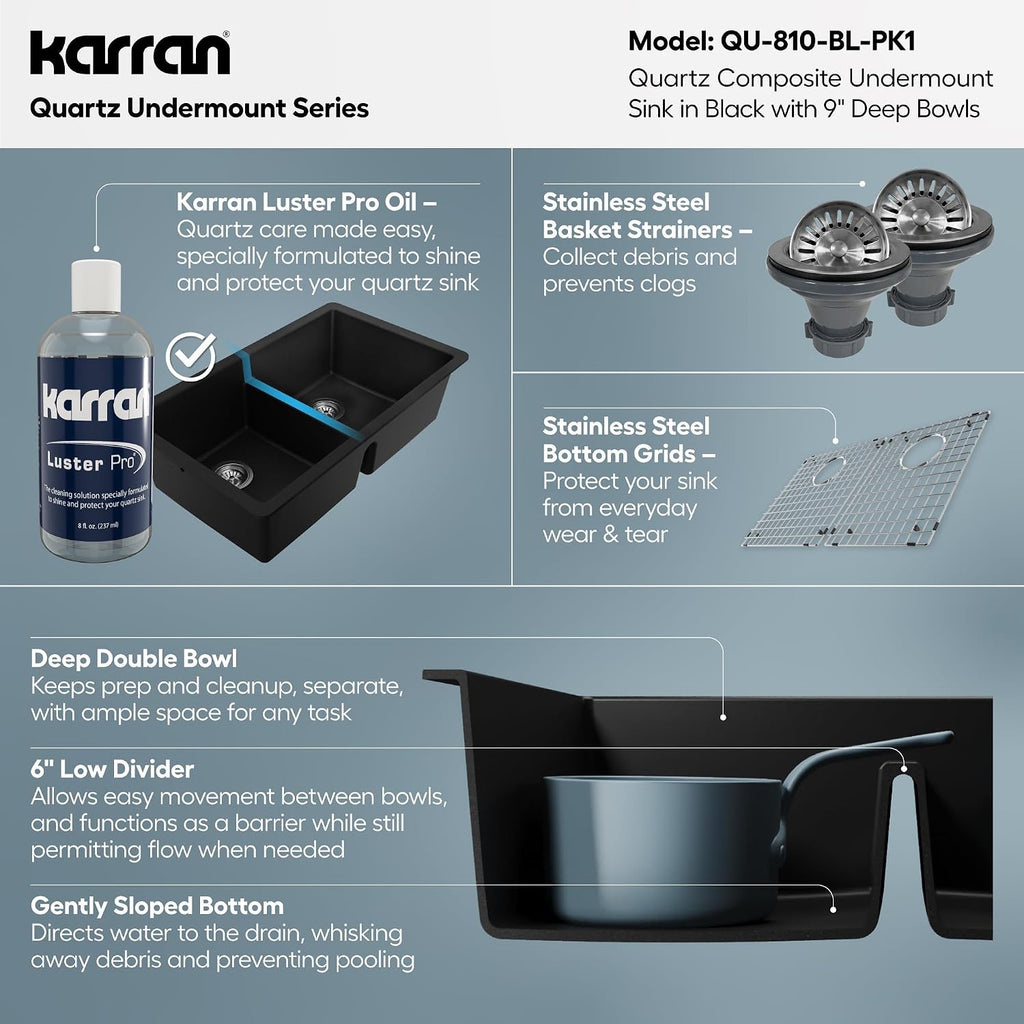 Karran QU-810 32' Undermount Double Bowl Quartz Kitchen Sink Kit, Black Composite, Equal Bowls, Scratch Resistant, Heat Safe, Noise Reducing, Includes Grids & Strainers