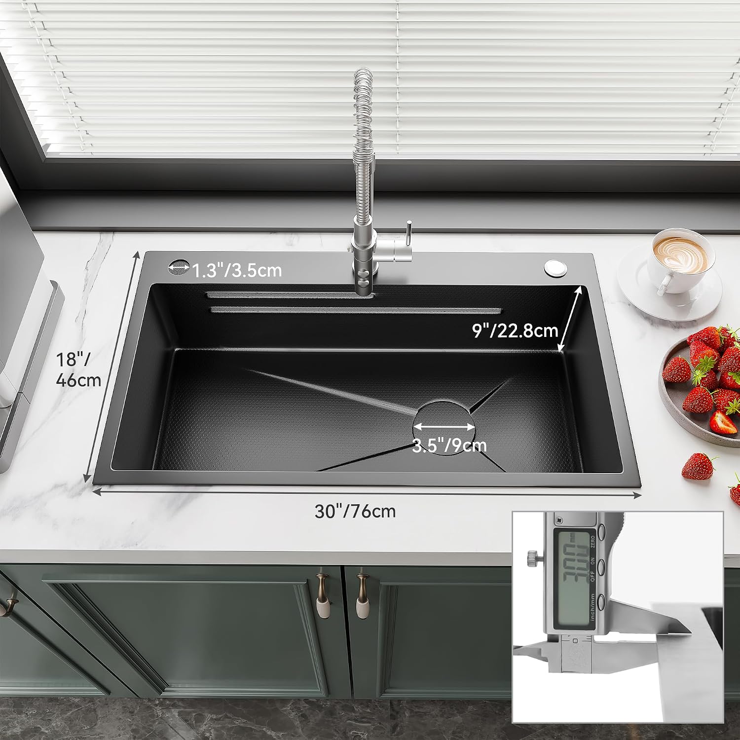 YITAHOME Drop in Kitchen Sink Workstation 30 Inch, Topmount Stainless Steel Nano Gunmetal Black Sink w/Glass Rinser, Cutting Board, Handmade Single Bowl Sink with Accessories 30 x 18 x 10in