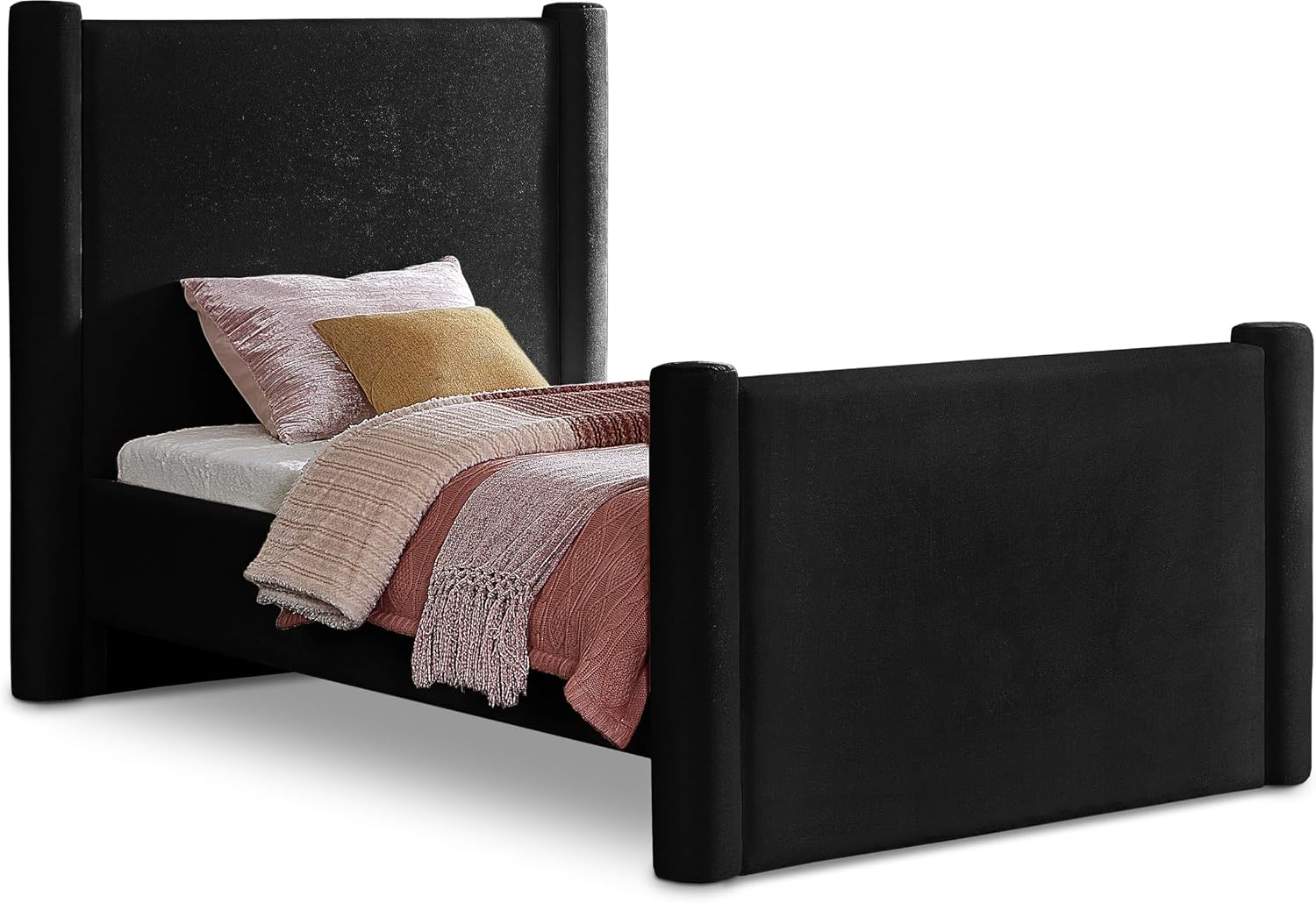 Meridian Furniture B1298Black-T Elias Collection Modern | Contemporary Twin Bed with Soft Black Velvet, Solid Wood Inner Frame, 52' W x 83.5' D x 52' H, Black, Twin