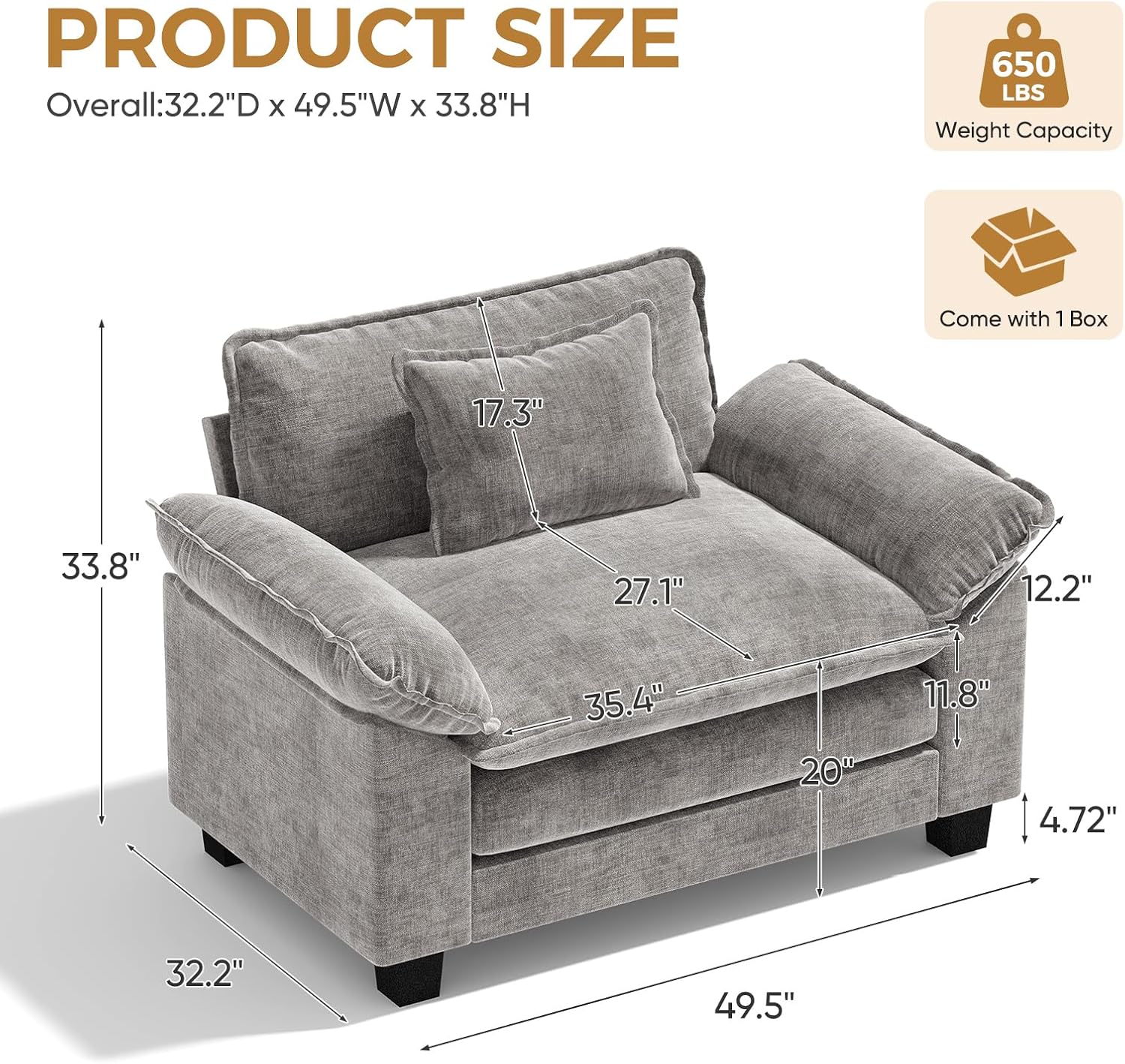 HUSFU Oversized Accent Chair, Chenille Cloud Sofa Chair with Deep Seat and Extra Wide Armrests, Comfy Reading Armchair for Living Room, Bedroom, Set of 2, Gray