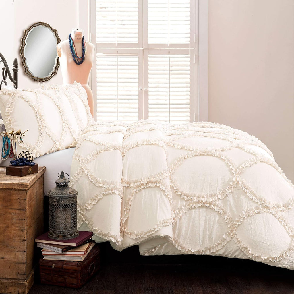 Lush Decor Avon Comforter Set, 3 Piece Set, King, Ivory - Romantic Farmhouse Bedding Set - Elegant Ruffle Bedding - Soft Textured Comforter - Country Cottage & Farmhouse Bedroom Decor