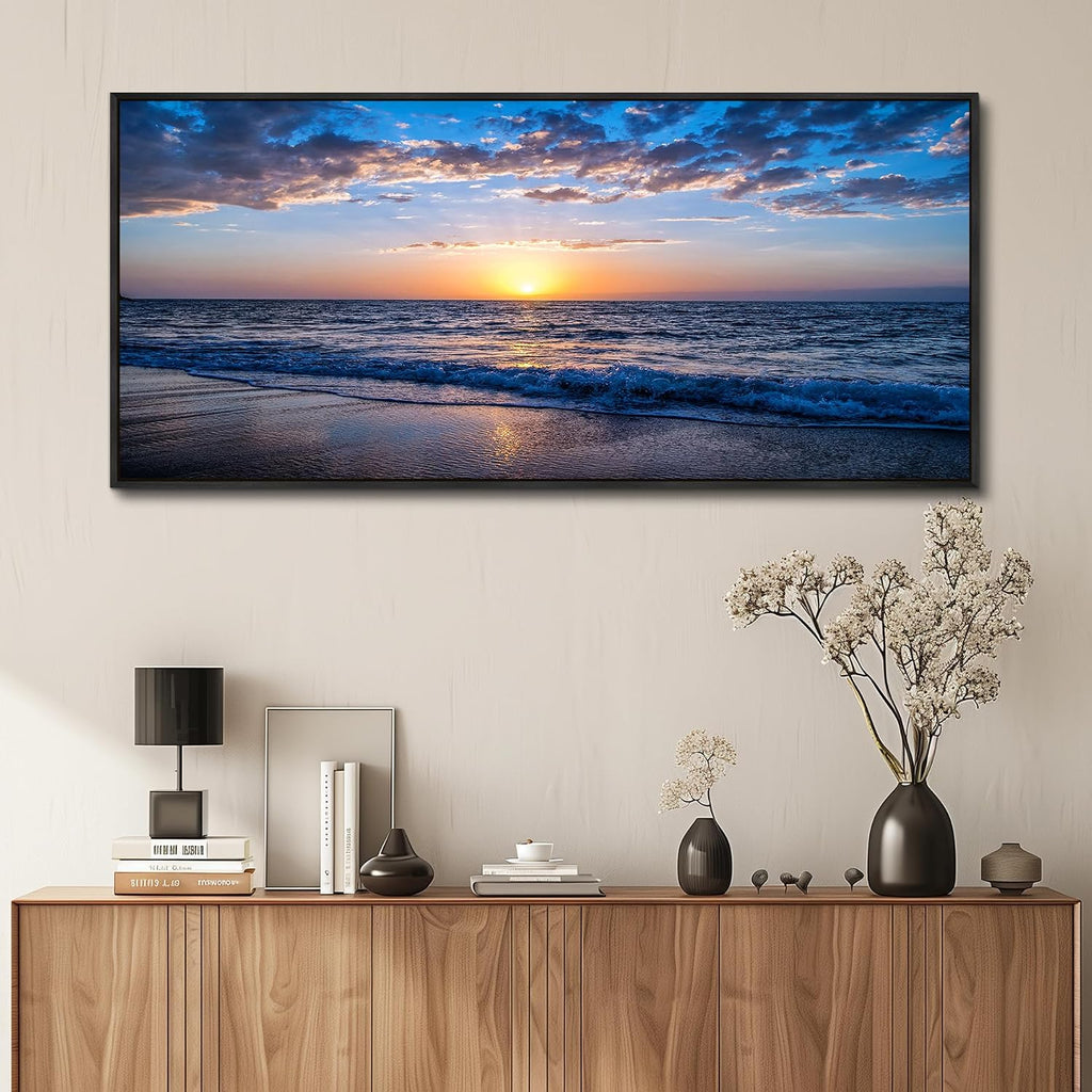 hyidecorart Blue Ocean Wall Art Large Paintings For Living Room Wall Decor For Bedroom Landscape Nature Artwork For Walls Canvas Prints Calm Waves Beach Pictures For The Office Black Framed 72x32