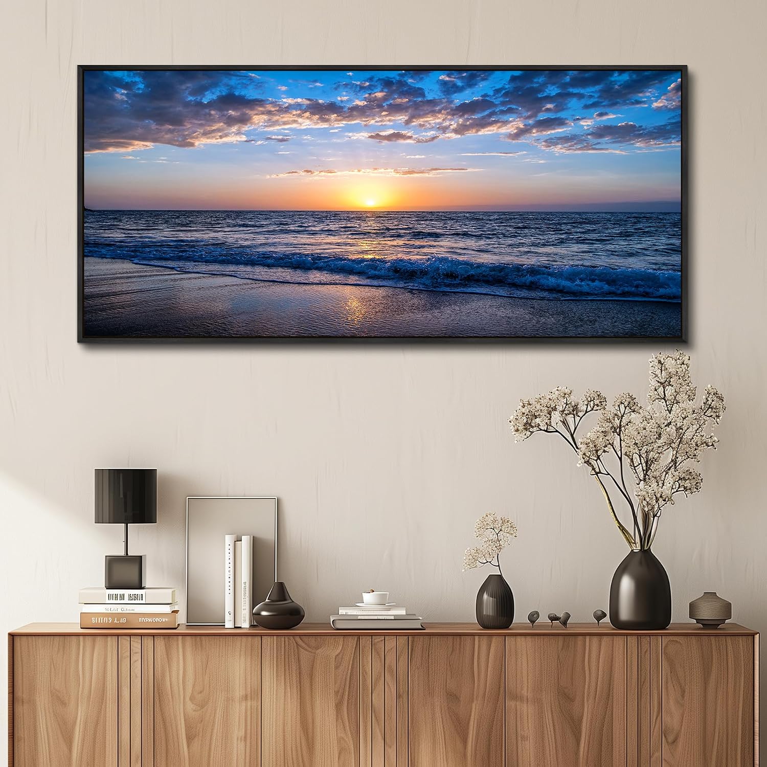 hyidecorart Blue Ocean Wall Art Large Paintings For Living Room Wall Decor For Bedroom Landscape Nature Artwork For Walls Canvas Prints Calm Waves Beach Pictures For The Office Black Framed 72x32