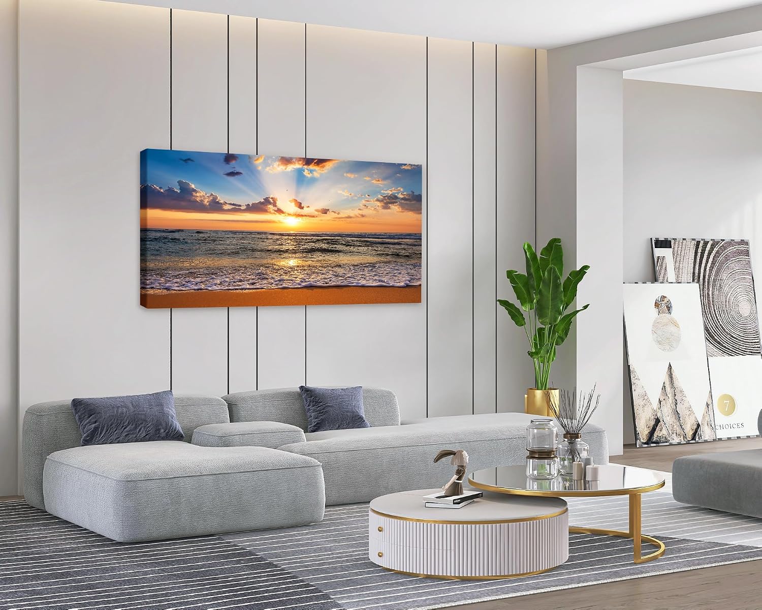 Muolunna BK1898 Wall Art Decor Large Canvas Print Picture Sunrise Ocean Beach 1 Panel Waves Scenery Painting Artwork for Office Wall Decor Home Decoration Stretched and Framed Ready to Hang