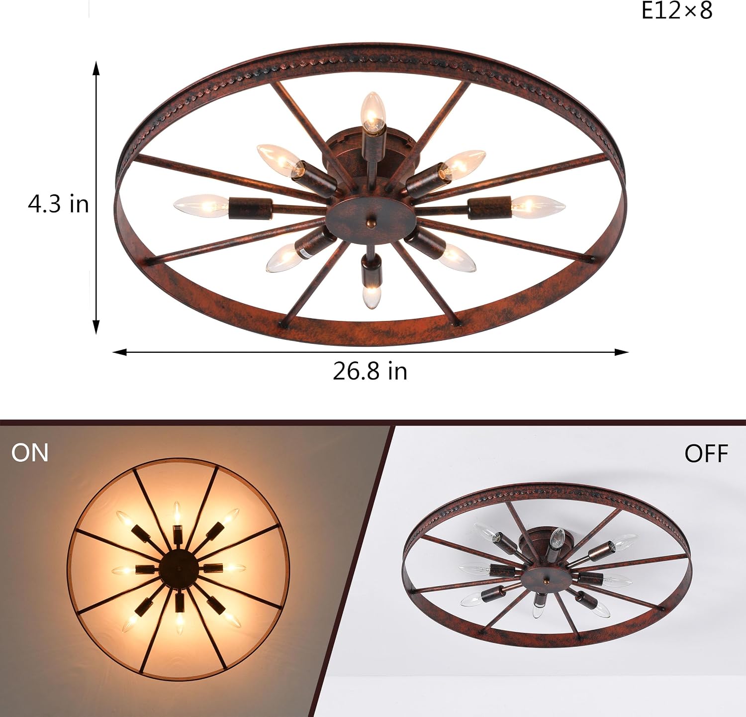 Farmhouse Ceiling Light Red Rust Metal Dining Room Flush Mount Light Fixtures, 26.8' Rustic Living Room Lighting Fixtures Ceiling, E12 Ceilings Lamp for Kitchen (8-Light)