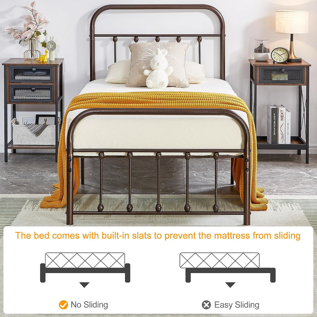 VECELO Twin Size Victorian Style Metal Bed Frame with Headboard Classic Metal Platform Bed Frame Mattress Foundation with Footboard/Under Bed Storage/No Box Spring Aple 2 Set
