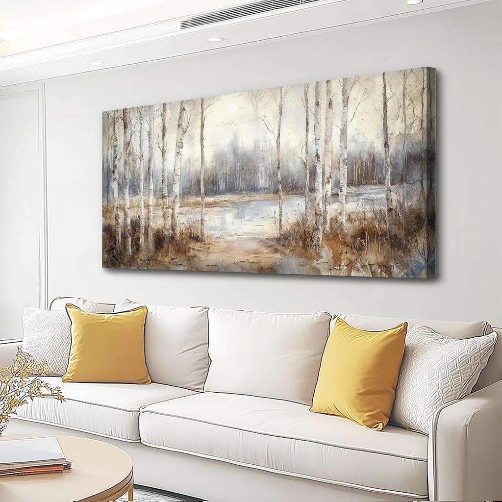 QIYILEXWART Canvas Wall Art For Living Room Large Wall Decor For Office Bedroom Decorations By The Lake Pictures Birch Forest Painting Stretched And Framed Artwork Room Ready To Hang