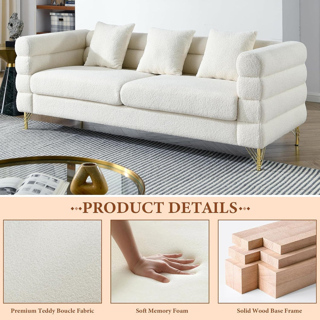 Chesterfield Velvet Button Tufted Sofa, 81'&60' Boucle Comfy Cloud Couch Upholstered Deep 5 Seater Sectional Sherpa Couch Set for Living Room Home Office Bedroom Apartment, White