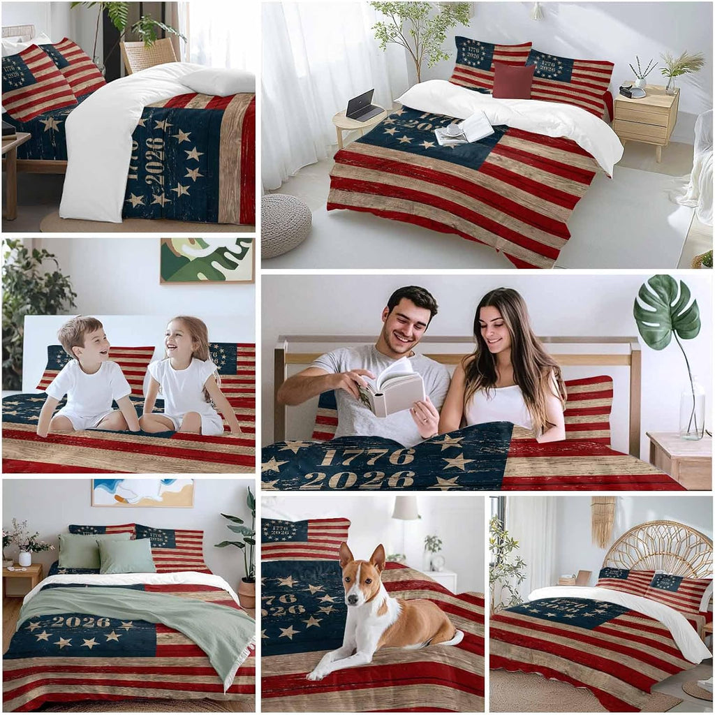 Independence Day Duvet Cover Set Queen Size 4 Pieces Retro American Flag Patriotic Red Blue Stripe Star Bedding Set with Zipper Closure, 1 Comforter Cover 92x106 Inches 1 Flat Sheet & 2 Pillow Cases
