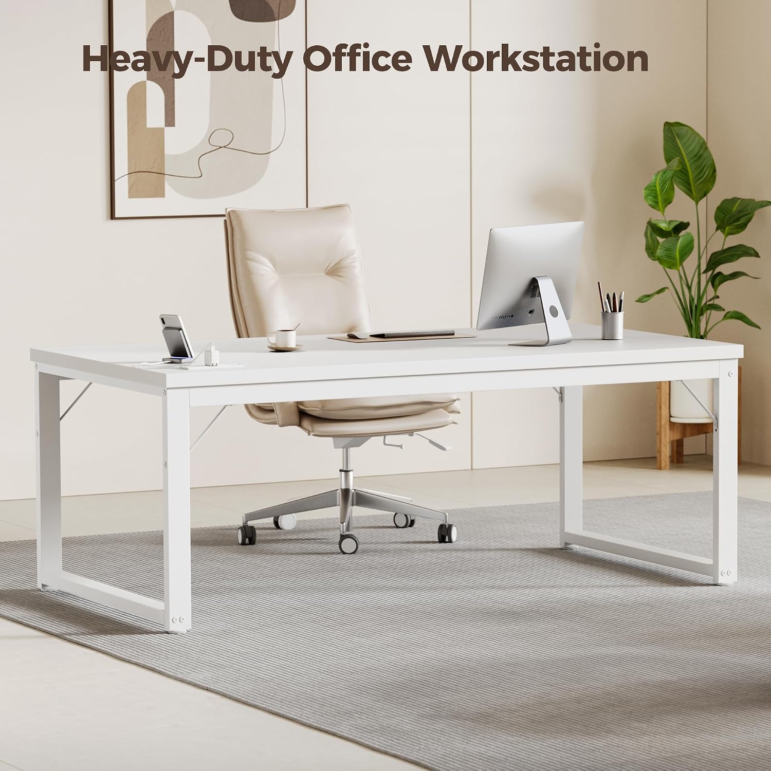 Mericonia 54 Inch Computer Desk with Power Outlets, 1.2' Thick Heavy Duty Industrial Office Desk, Modern Simple Study Writing Table for Home Office Bedroom Workstation, White